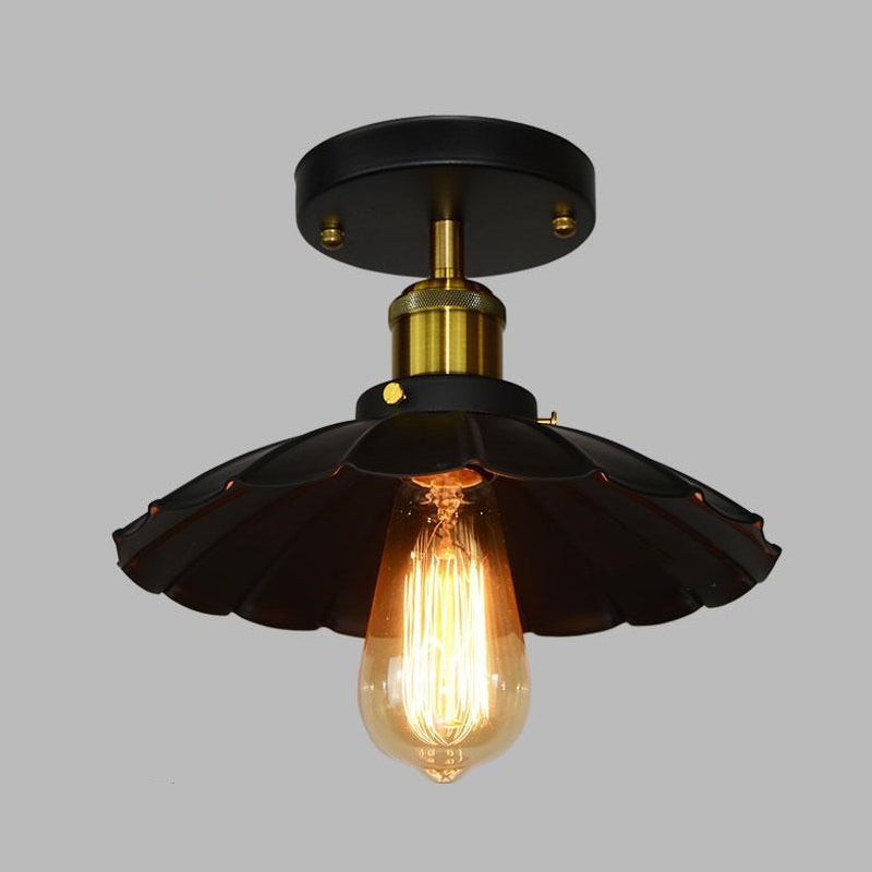 Black 1-Light Semi Flush Mount in Industrial Concise Style Wrought Iron Ceiling Fixture for Corridor