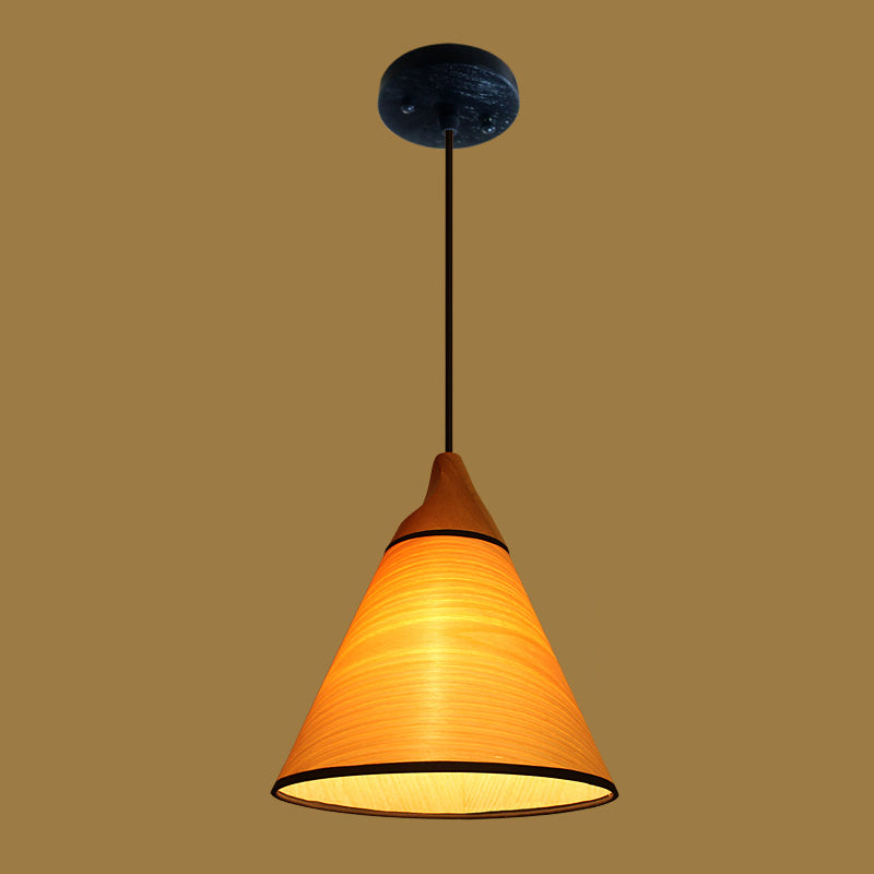 Simple Conical Pendant Lamp Wood Veneer 1 Head Dining Room Hanging Light Fixture
