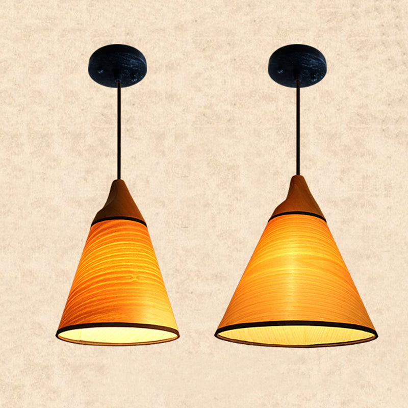 Simple Conical Pendant Lamp Wood Veneer 1 Head Dining Room Hanging Light Fixture