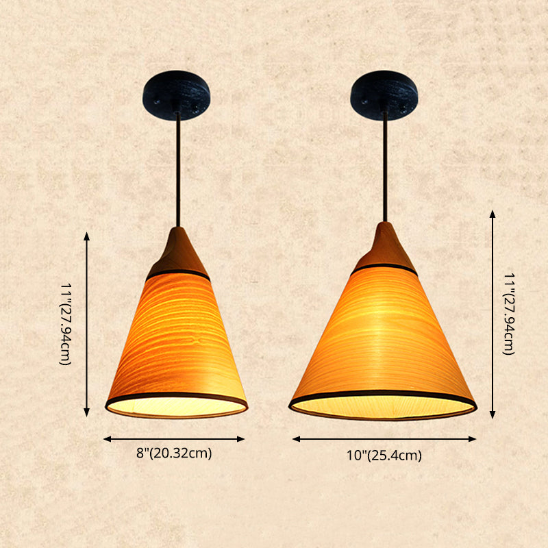 Simple Conical Pendant Lamp Wood Veneer 1 Head Dining Room Hanging Light Fixture