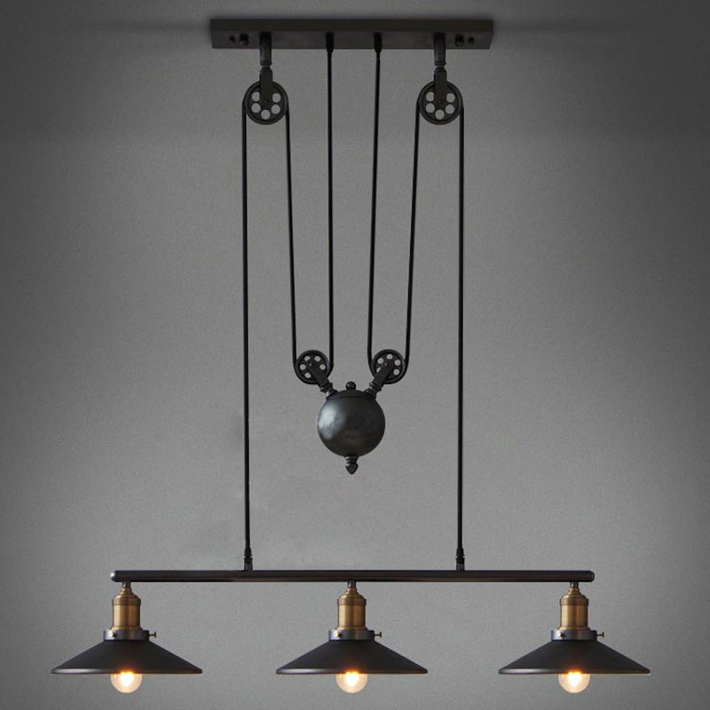 Wrought Iron Black Island Pendant Light in Industrial Simplicity Pulley Pendant Light for Dining Room