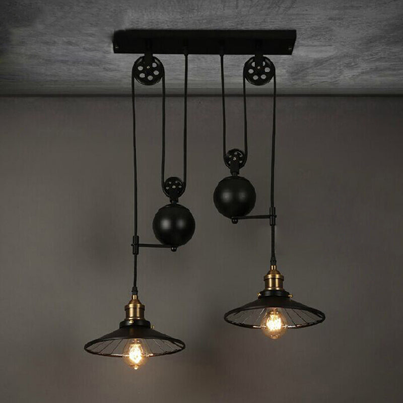 Wrought Iron Black Island Pendant Light in Industrial Simplicity Pulley Pendant Light for Dining Room
