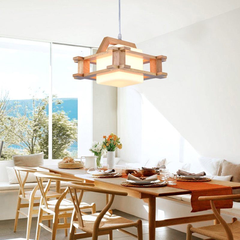 1-Licht-Esszimmer-Anhänger moderne Holzhängungschoner mit quadratischer weißer Glasschatten