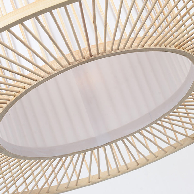 Hand-worked Drum Shaped Pendant Modern Wood 1-Light Restaurant Hanging Lighting