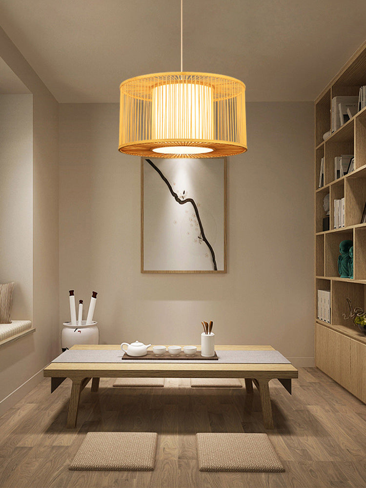 Hand-worked Drum Shaped Pendant Modern Wood 1-Light Restaurant Hanging Lighting