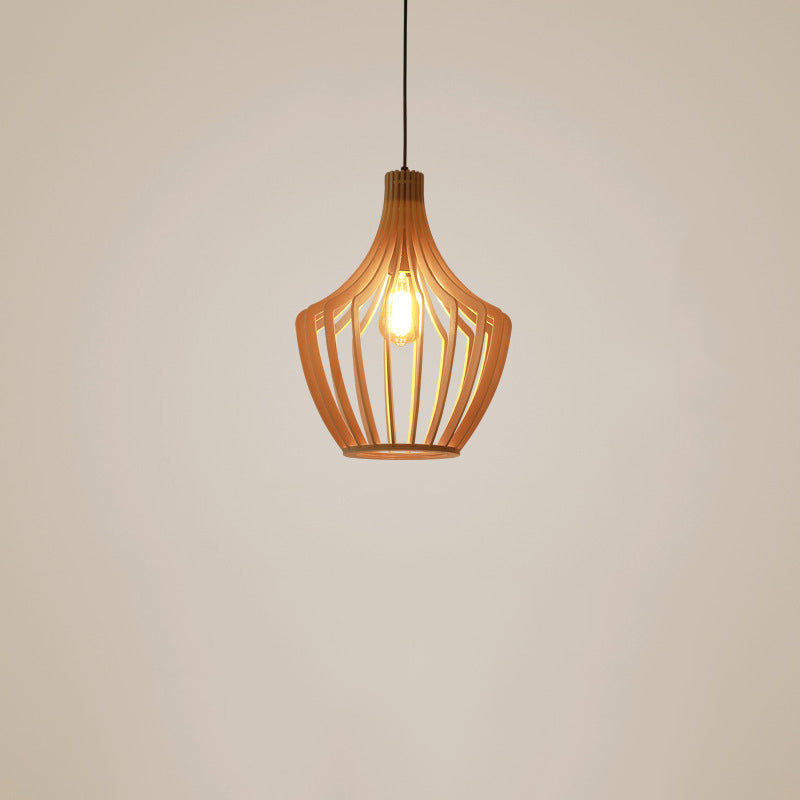 Cage Shaped Wooden Pendant Minimalism 1 Bulb Beige Suspension Lighting for Restaurant