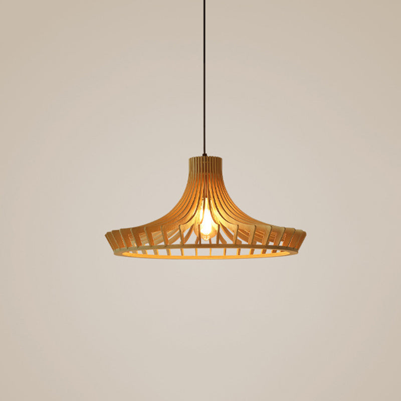 Cage Shaped Wooden Pendant Minimalism 1 Bulb Beige Suspension Lighting for Restaurant