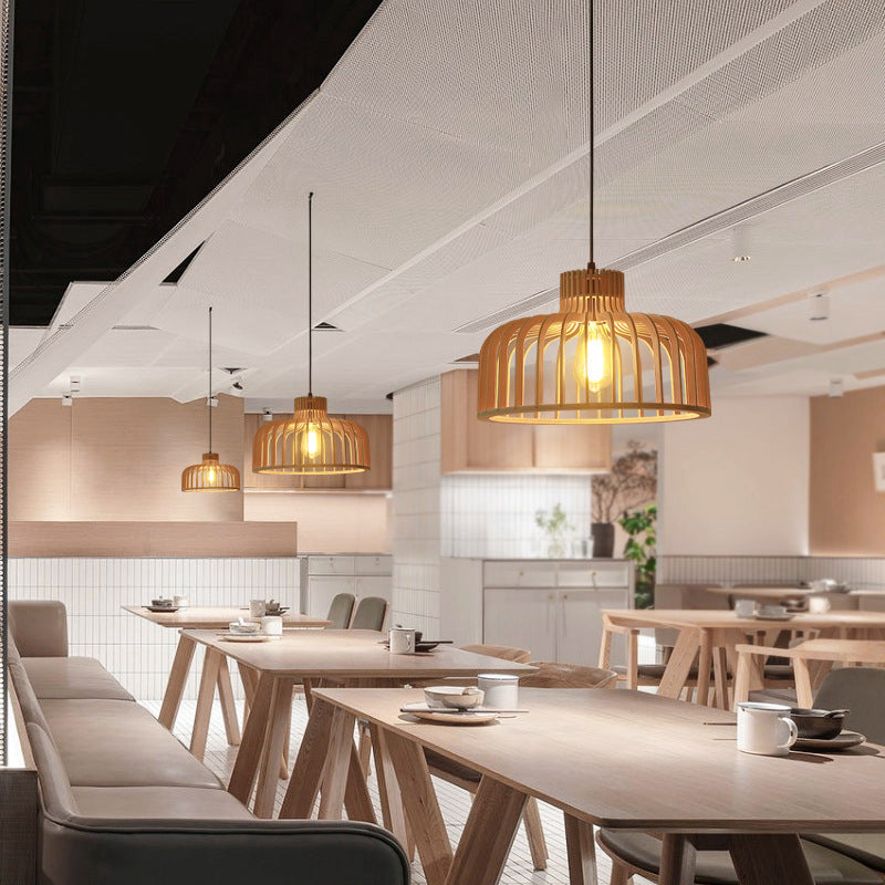 Cage Shaped Wooden Pendant Minimalism 1 Bulb Beige Suspension Lighting for Restaurant