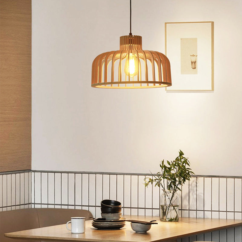 Cage Shaped Wooden Pendant Minimalism 1 Bulb Beige Suspension Lighting for Restaurant