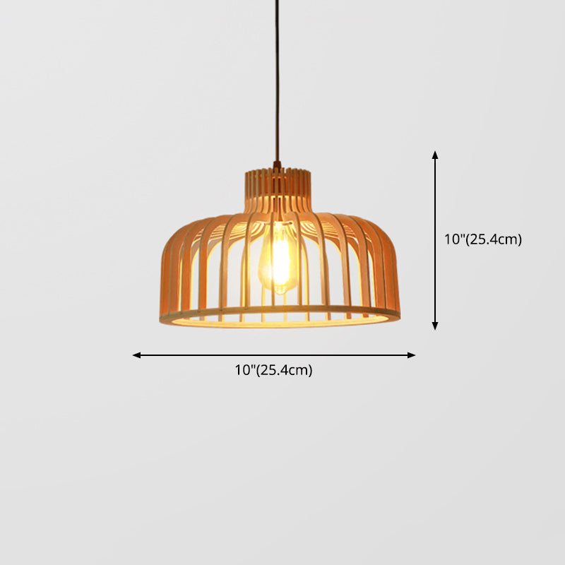 Cage Shaped Wooden Pendant Minimalism 1 Bulb Beige Suspension Lighting for Restaurant