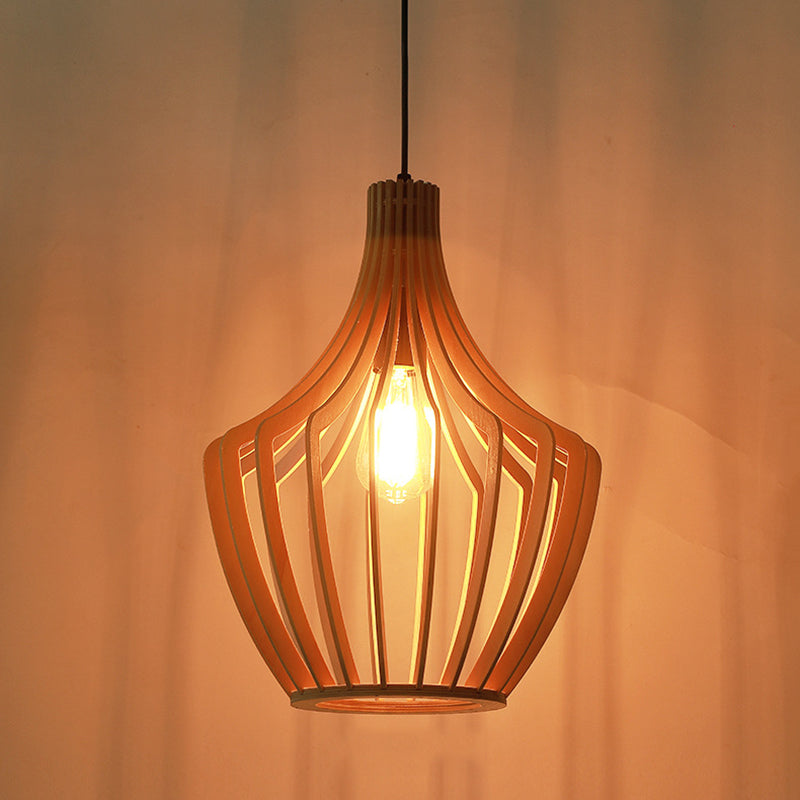 Cage Shaped Wooden Pendant Minimalism 1 Bulb Beige Suspension Lighting for Restaurant