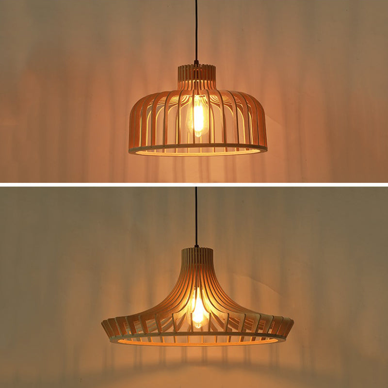 Cage Shaped Wooden Pendant Minimalism 1 Bulb Beige Suspension Lighting for Restaurant