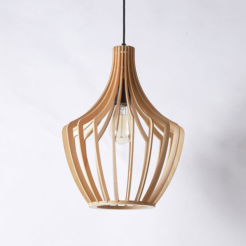Cage Shaped Wooden Pendant Minimalism 1 Bulb Beige Suspension Lighting for Restaurant