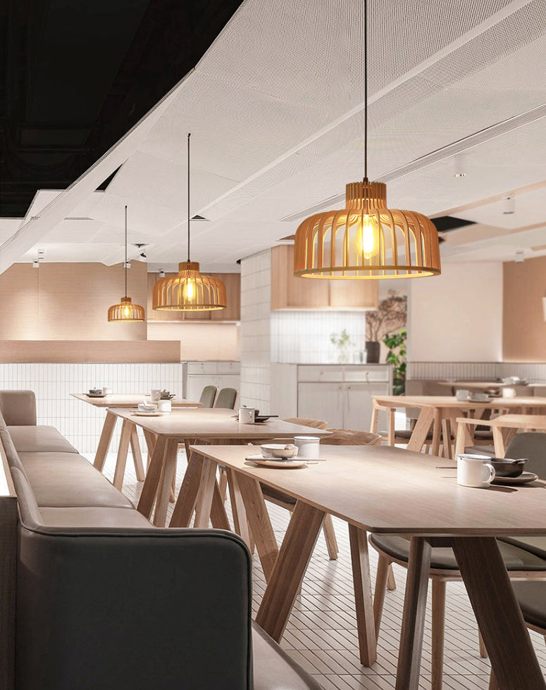 Cage Shaped Wooden Pendant Minimalism 1 Bulb Beige Suspension Lighting for Restaurant