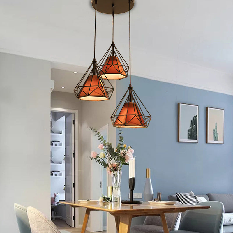 3 Lights Diamond Pendant Industrial Metal Ceiling Pendant with Hanging Cord for Restaurant