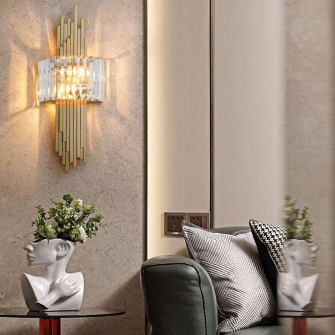 Electroplated Gold Crystal Wall Mount Lamp Postmodern Style Metal Geometric Lines Sconce Light for Dining Room