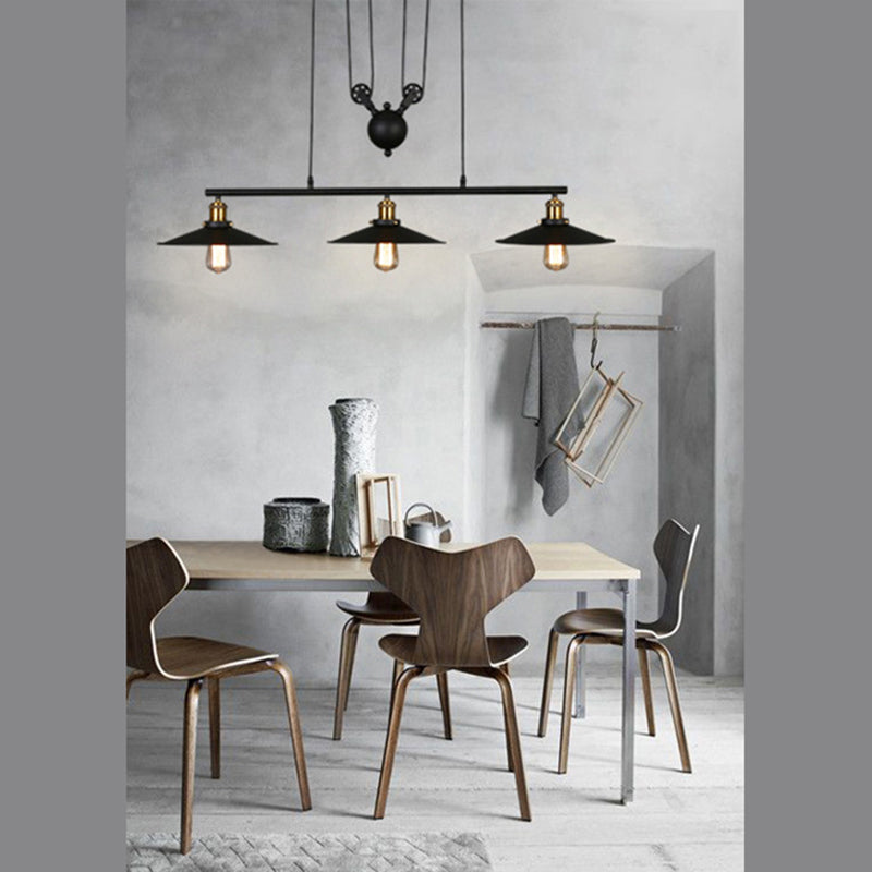 Black 3-Light Pulley Island Pendant Light in Industrial Retro Style Wrought Iron Hanging Lamp for Dining Room