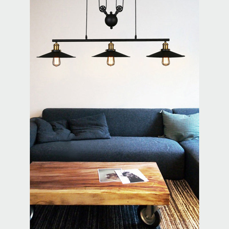 Black 3-Light Pulley Island Pendant Light in Industrial Retro Style Wrought Iron Hanging Lamp for Dining Room