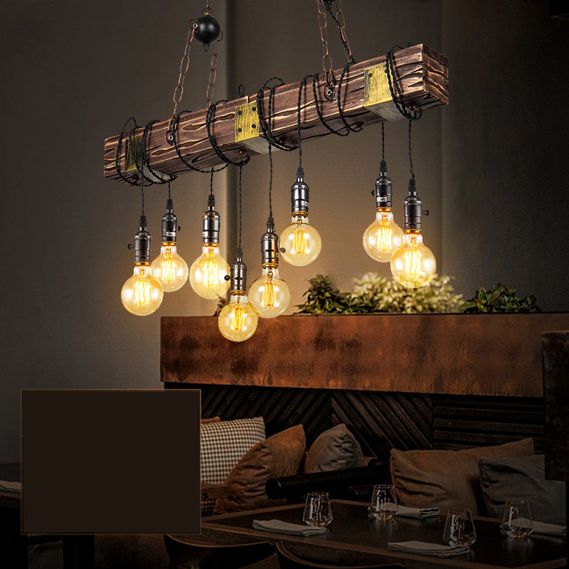 8-Light Wooden Island Pendant Light in Industrial Vintage Style Wrought Iron Ceiling Light for Commercial Place