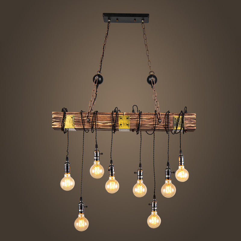 8-Light Wooden Island Pendant Light in Industrial Vintage Style Wrought Iron Ceiling Light for Commercial Place