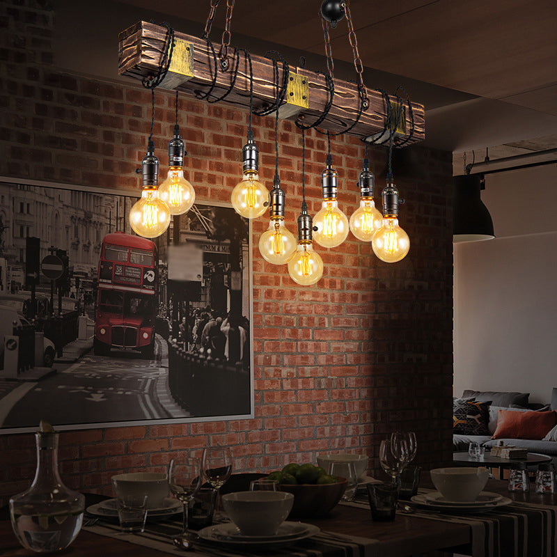 8-Light Wooden Island Pendant Light in Industrial Vintage Style Wrought Iron Ceiling Light for Commercial Place