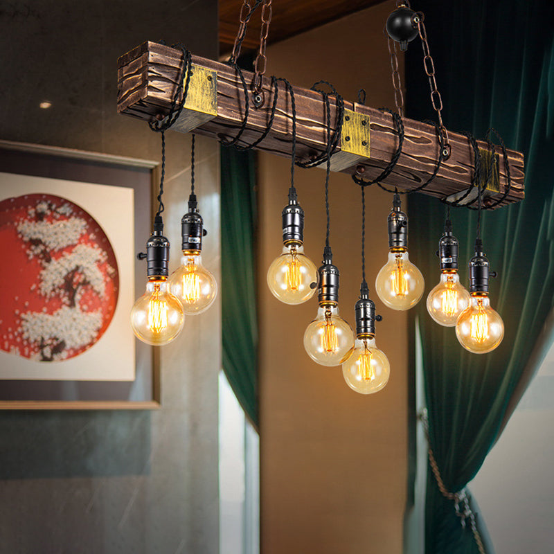 8-Light Wooden Island Pendant Light in Industrial Vintage Style Wrought Iron Ceiling Light for Commercial Place