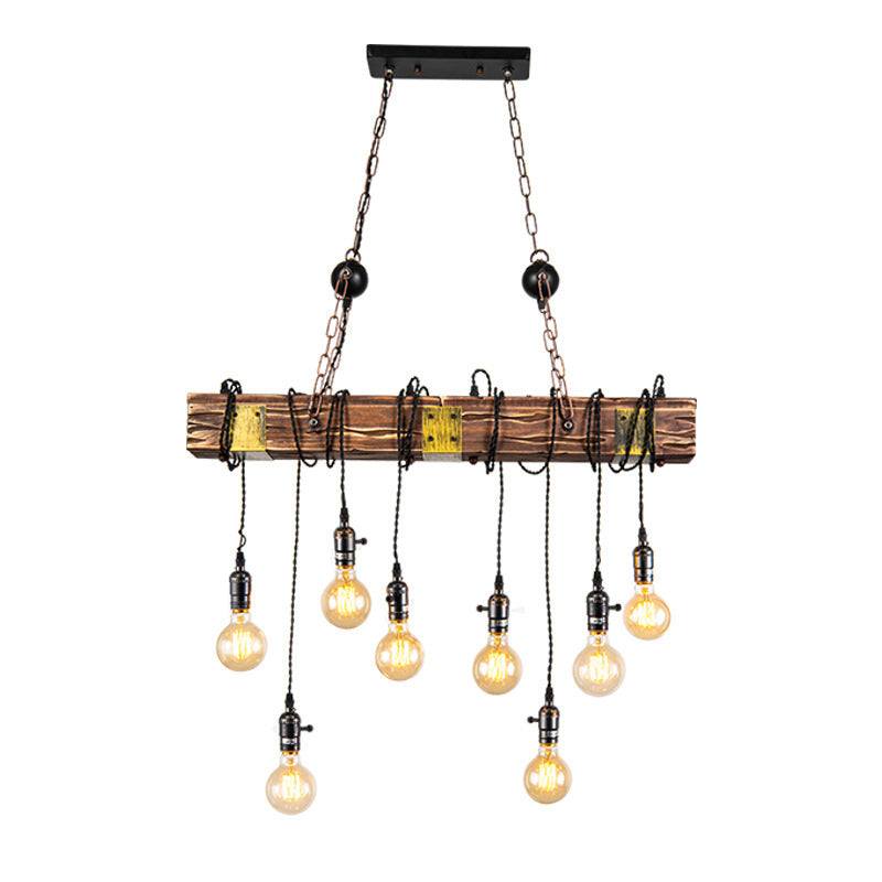 8-Light Wooden Island Pendant Light in Industrial Vintage Style Wrought Iron Ceiling Light for Commercial Place