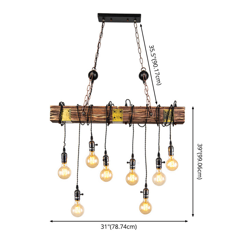 8-Light Wooden Island Pendant Light in Industrial Vintage Style Wrought Iron Ceiling Light for Commercial Place