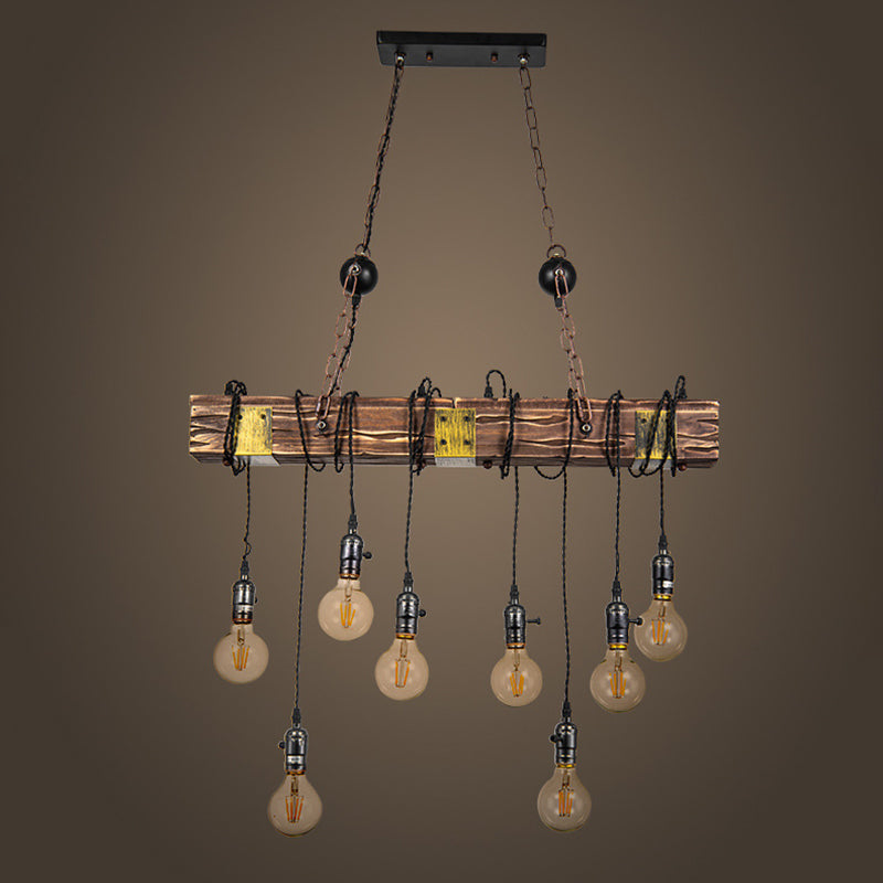 8-Light Wooden Island Pendant Light in Industrial Vintage Style Wrought Iron Ceiling Light for Commercial Place