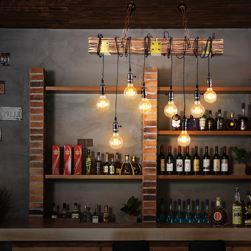 8-Light Wooden Island Pendant Light in Industrial Vintage Style Wrought Iron Ceiling Light for Commercial Place