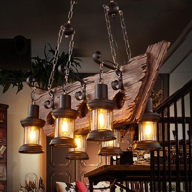 Wrought Iron Adjustable Island Pendant Light in Industrial Vintage Style Wooden 6-Light Ceiling Light for Dining Room