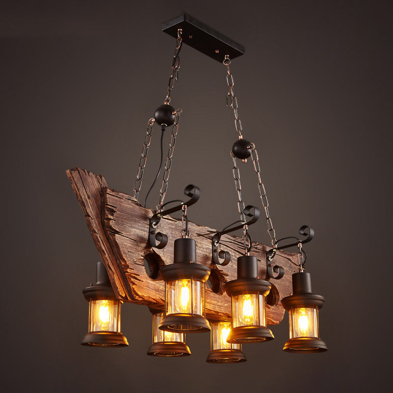 Wrought Iron Adjustable Island Pendant Light in Industrial Vintage Style Wooden 6-Light Ceiling Light for Dining Room