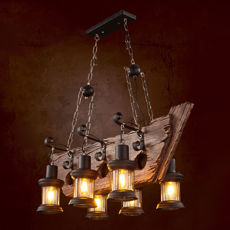 Wrought Iron Adjustable Island Pendant Light in Industrial Vintage Style Wooden 6-Light Ceiling Light for Dining Room
