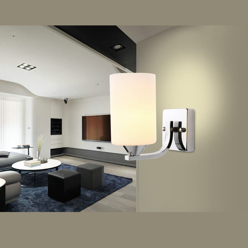 Milk White Cylindrical Glass Wall Lamp Contemporary Simplicity Style Sconce Lighting Fixture in Polished Silver