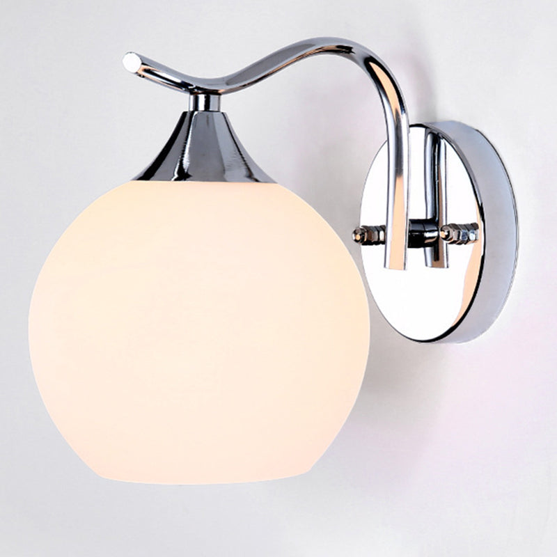 Milk White Globe Glass Wall Lamp Contemporary Simplicity Style Single Bulb Sconce Lighting Fixture in Polished Silver