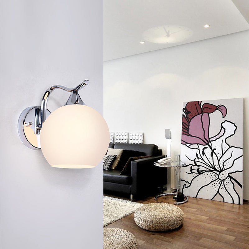Milk White Globe Glass Wall Lamp Contemporary Simplicity Style Single Bulb Sconce Lighting Fixture in Polished Silver