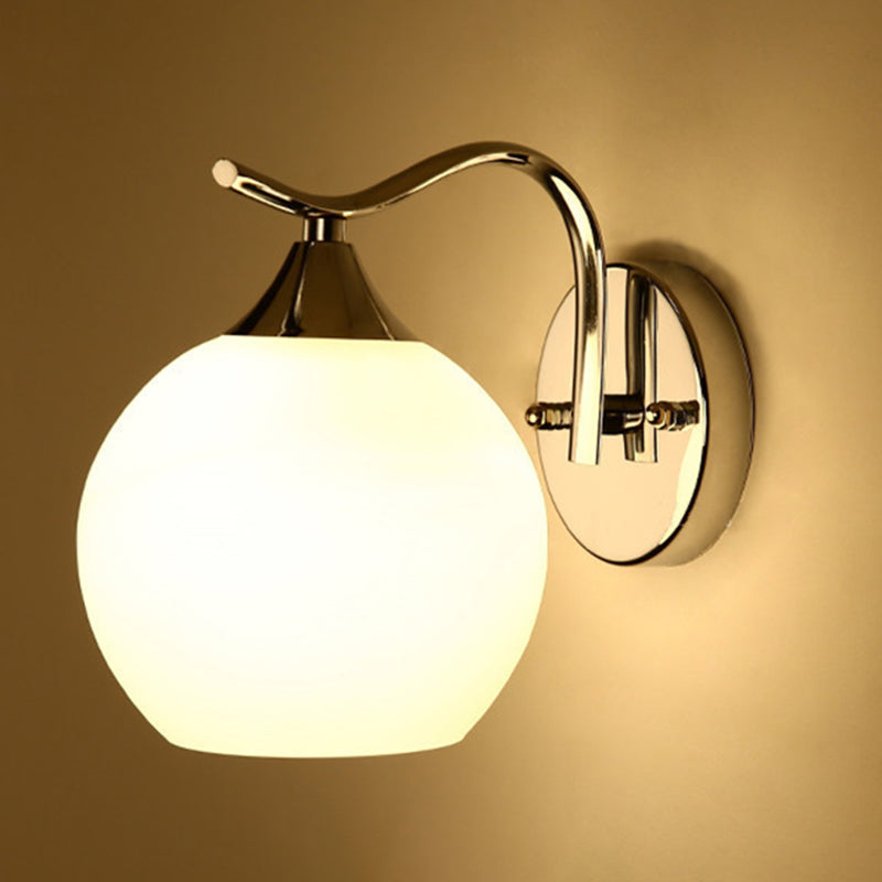 Milk White Globe Glass Wall Lamp Contemporary Simplicity Style Single Bulb Sconce Lighting Fixture in Polished Silver