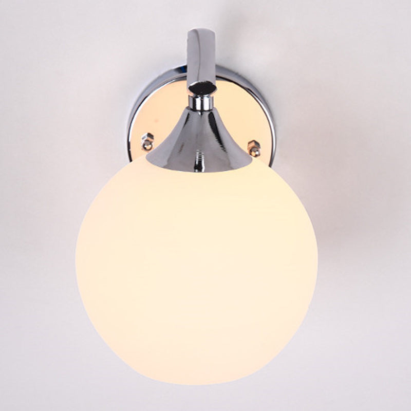Milk White Globe Glass Wall Lamp Contemporary Simplicity Style Single Bulb Sconce Lighting Fixture in Polished Silver