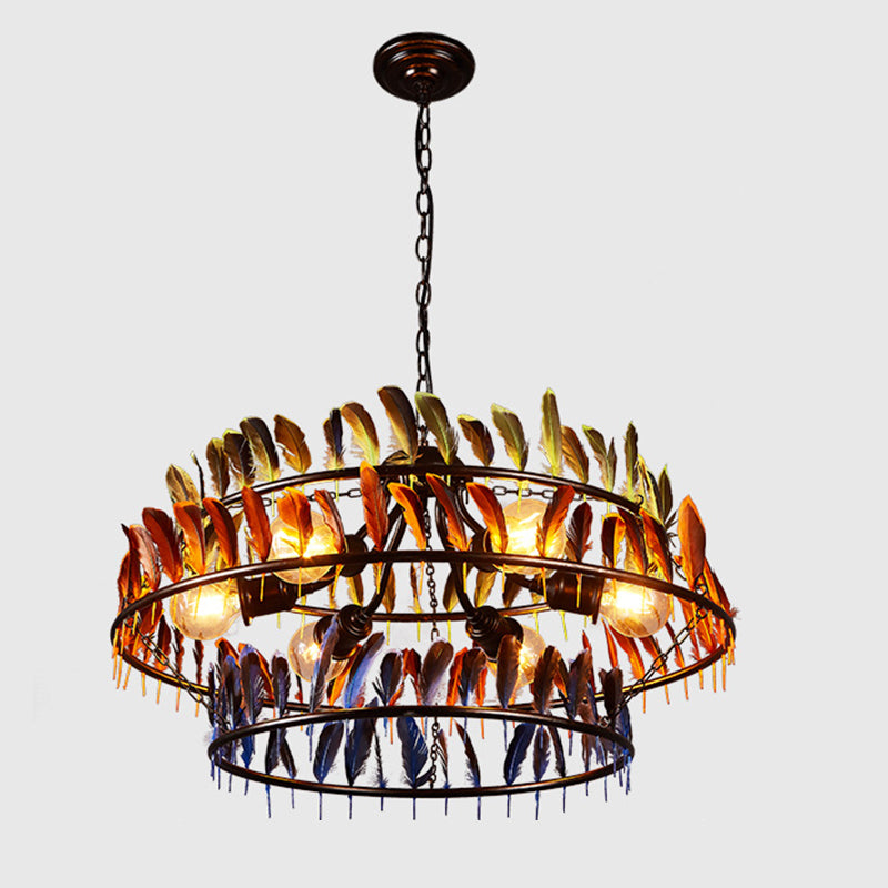 Round Feather Hanging Chandelier Lamp Art Deco Bar Ceiling Pendant Chandelier