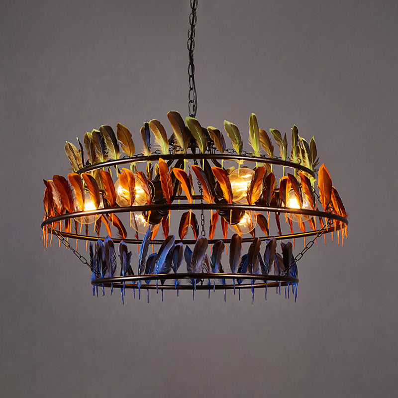 Round Feather Hanging Chandelier Lamp Art Deco Bar Ceiling Pendant Chandelier