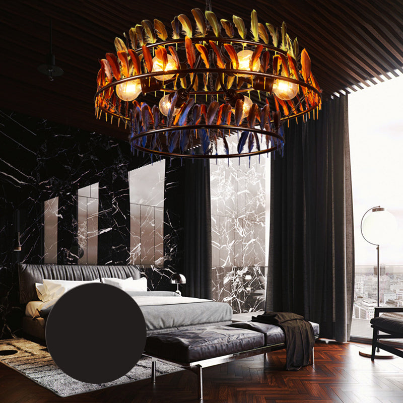 Round Feather Hanging Chandelier Lamp Art Deco Bar Ceiling Pendant Chandelier