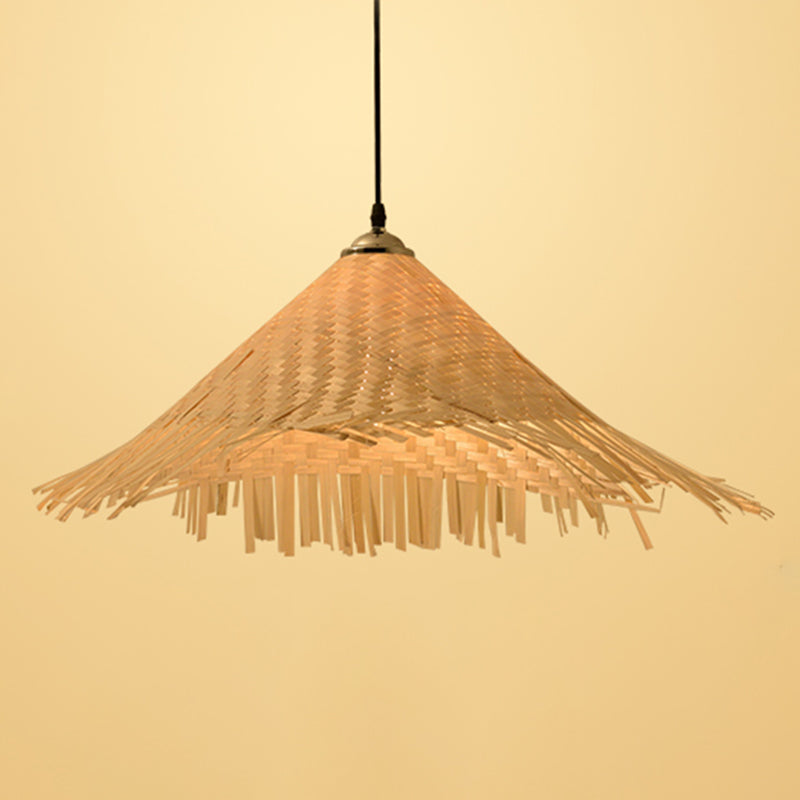 Straw Hat Suspension Lighting Asian Bamboo 1 Bulb Beige Ceiling Pendant for Restaurant