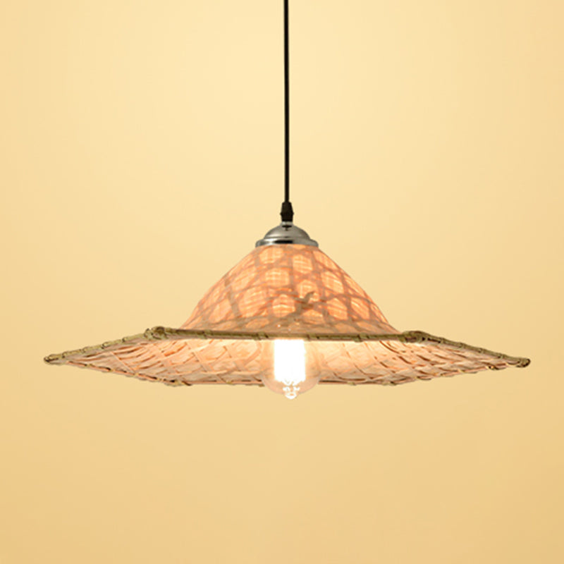 Straw Hat Suspension Lighting Asian Bamboo 1 Bulb Beige Ceiling Pendant for Restaurant