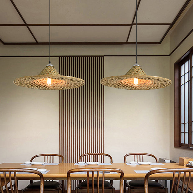 Straw Hat Suspension Lighting Asian Bamboo 1 Bulb Beige Ceiling Pendant for Restaurant