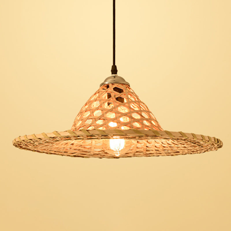Straw Hat Suspension Lighting Asian Bamboo 1 Bulb Beige Ceiling Pendant for Restaurant