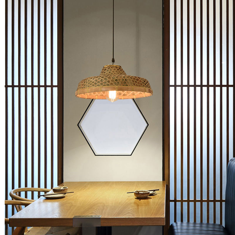 Straw Hat Suspension Lighting Asian Bamboo 1 Bulb Beige Ceiling Pendant for Restaurant