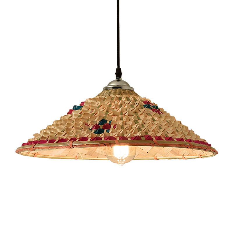 Straw Hat Suspension Lighting Asian Bamboo 1 Bulb Beige Ceiling Pendant for Restaurant