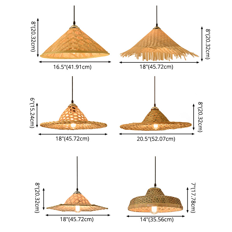 Straw Hat Suspension Lighting Asian Bamboo 1 Bulb Beige Ceiling Pendant for Restaurant