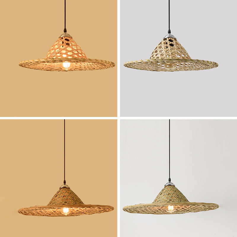 Straw Hat Suspension Lighting Asian Bamboo 1 Bulb Beige Ceiling Pendant for Restaurant