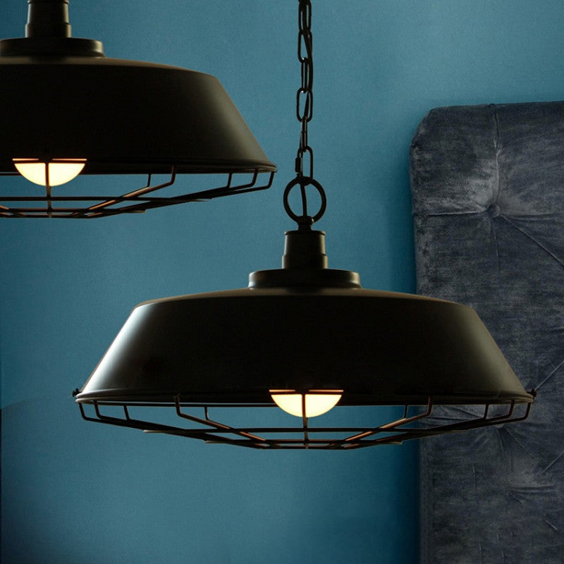 1-Light Wrought Iron Lid Shaped Hanging Light Retro Industry Style Iron Cage Shade Pendant Lamp for Restaurant